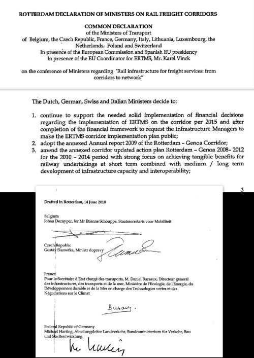 Die Declaration of Rotterdam, unterzeichnet von Michael Harting, Bundesverkehrsministerium (Quelle: Bundesamt für Verkehr, Schweiz/Montage)